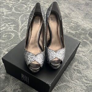 Pelle Moda Silver Glitter Peep-Toe Heels